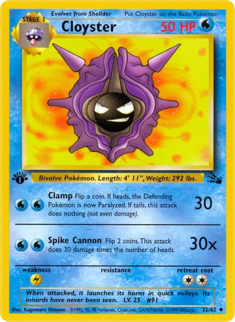 Cloyster #32/62 1st Edition Pokémon card from Fossil