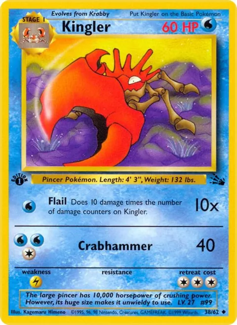 Kingler #38/62 1st Edition Pokémon card from Fossil