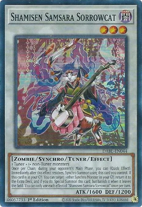 Shamisen Samsara Sorrowcat DABL-EN044 Yu-Gi-Oh card from Darkwing Blast