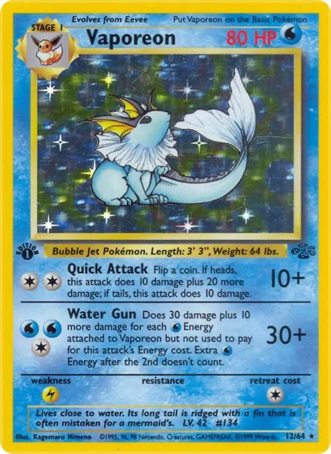 Vaporeon 12 #12/64 1st Edition Holofoil Pokémon card from Jungle