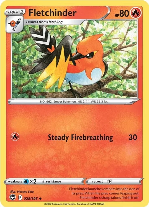 Fletchinder #028/195 Reverse Holofoil Pokémon card from Silver Tempest