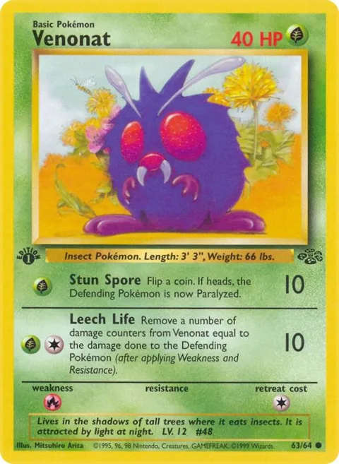 Venonat #63/64 1st Edition Pokémon card from Jungle
