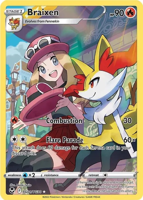 Braixen #TG01/TG30 Holofoil Pokémon card from Silver Tempest Trainer Gallery