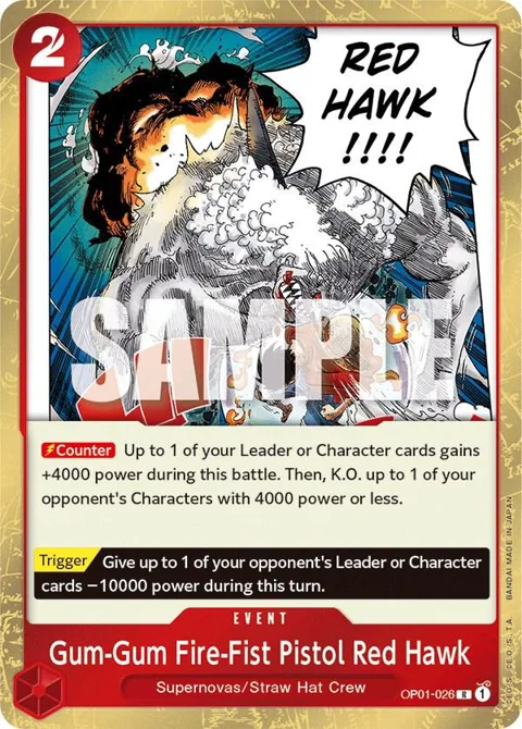 Gum-Gum Fire-Fist Pistol Red Hawk OP01-026 One Piece card from Romance Dawn