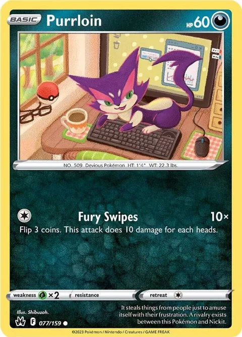 Purrloin #077/159 Reverse Holofoil Pokémon card from Crown Zenith