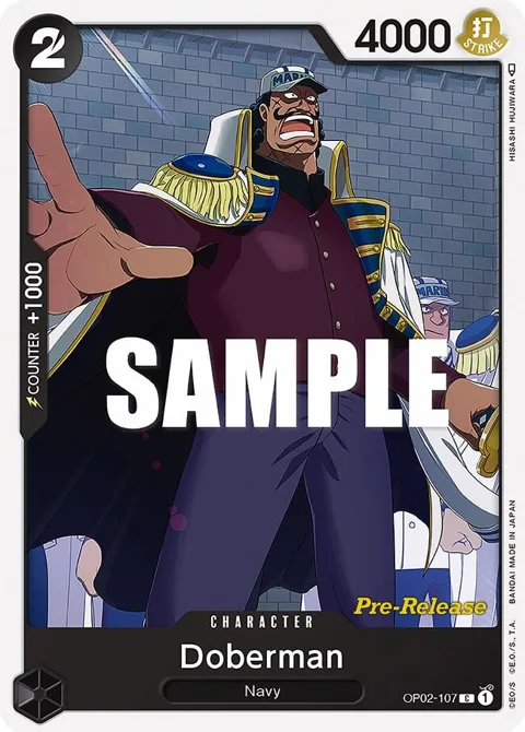 Doberman OP02-107 Pre-Release One Piece card from Paramount War Pre-Release Cards