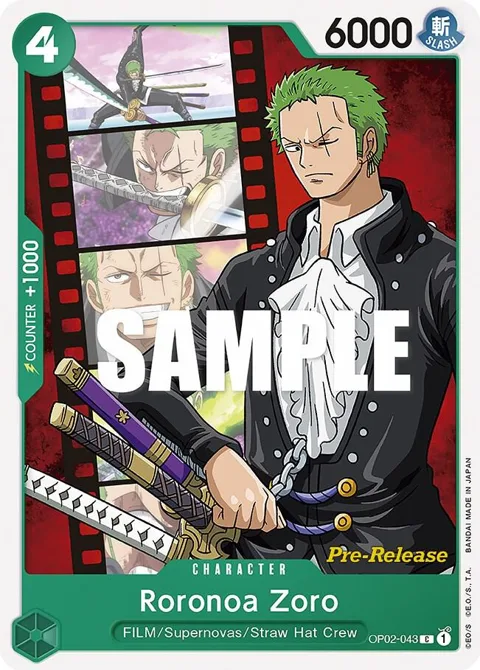 Roronoa Zoro OP02-043 Pre-Release One Piece card from Paramount War Pre-Release Cards