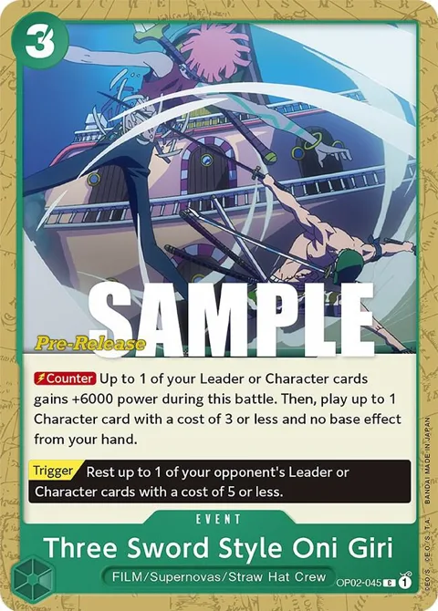Three Sword Style Oni Giri OP02-045 Pre-Release One Piece card from Paramount War Pre-Release Cards
