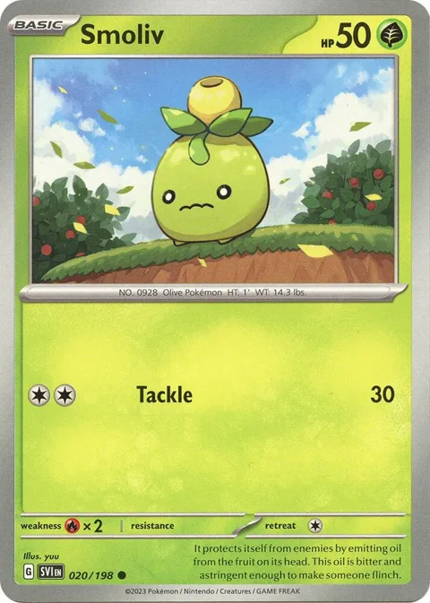 Smoliv #020/198 Reverse Holofoil Pokémon card from Scarlet & Violet Base Set
