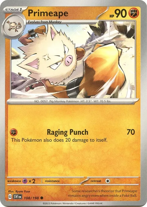 Primeape #108/198 Pokémon card from Scarlet & Violet Base Set