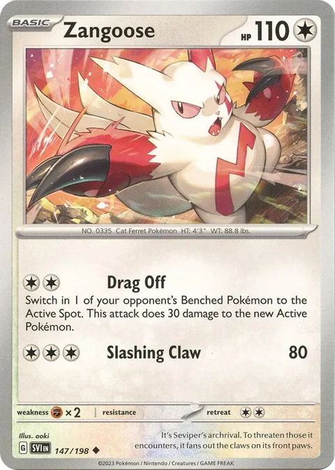 Zangoose #147/198 Reverse Holofoil Pokémon card from Scarlet & Violet Base Set