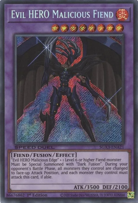 Evil HERO Malicious Fiend Secret Rare SGX3-ENA21 Yu-Gi-Oh card from Speed Duel GX: Duelists of Shadows