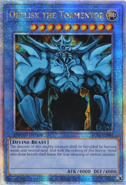 Obelisk the Tormentor Quarter Century Secret Rare LC01-EN001 Yu-Gi-Oh card from Legendary Collection: 25th Anniversary Edition
