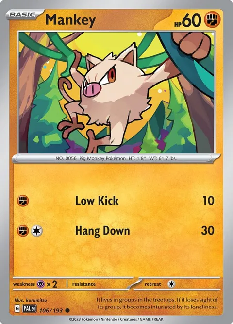 Mankey #106/193 Reverse Holofoil Pokémon card from Paldea Evolved