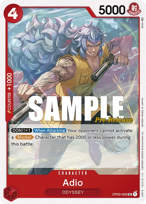 Adio OP03-002 Pre-Release One Piece card from Pillars of Strength Pre-Release Cards