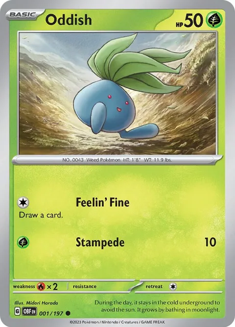 Oddish #001/197 Reverse Holofoil Pokémon card from Obsidian Flames