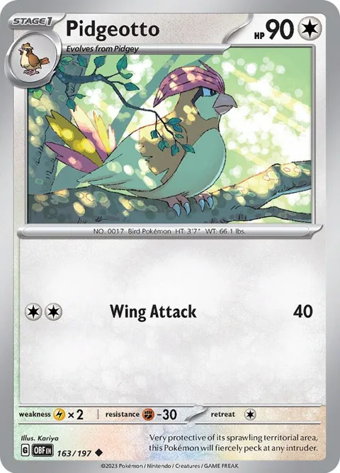 Pidgeotto #163/197 Reverse Holofoil Pokémon card from Obsidian Flames
