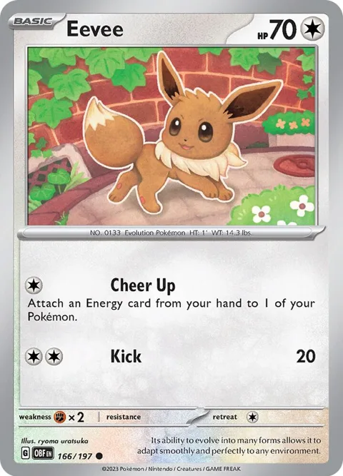 Eevee #166/197 Reverse Holofoil Pokémon card from Obsidian Flames