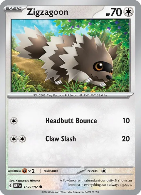Zigzagoon #167/197 Reverse Holofoil Pokémon card from Obsidian Flames