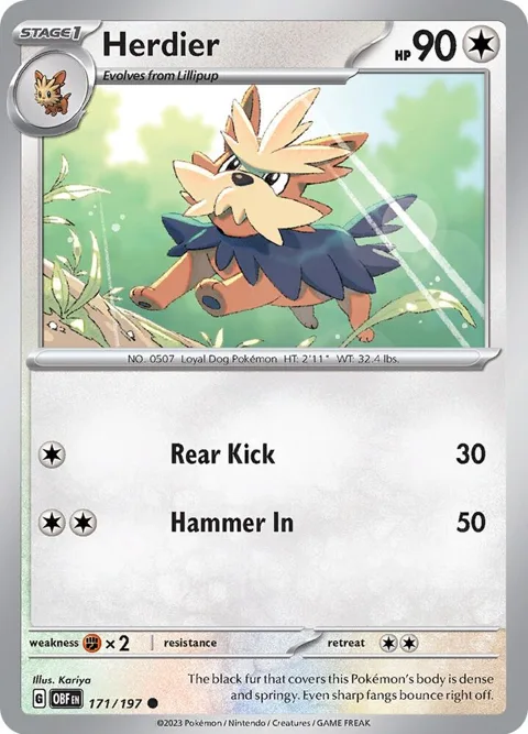 Herdier #171/197 Pokémon card from Obsidian Flames