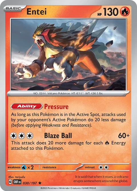 Entei #030/197 Holofoil Pokémon card from Obsidian Flames
