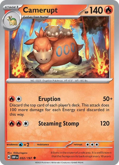 Camerupt #032/197 Reverse Holofoil Pokémon card from Obsidian Flames