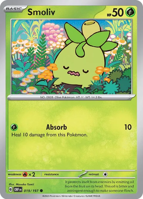 Smoliv #019/197 Reverse Holofoil Pokémon card from Obsidian Flames
