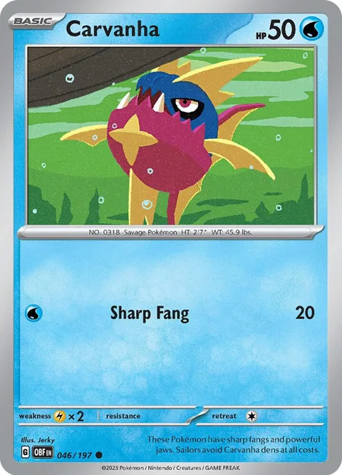 Carvanha #046/197 Reverse Holofoil Pokémon card from Obsidian Flames