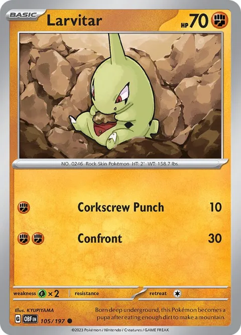 Larvitar #105/197 Reverse Holofoil Pokémon card from Obsidian Flames