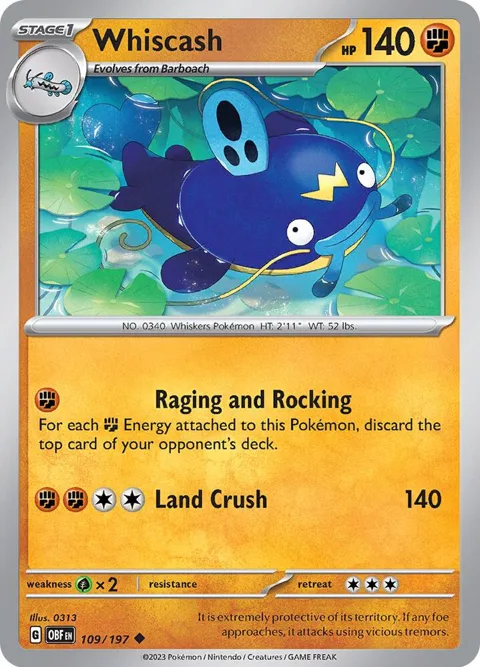 Whiscash #109/197 Pokémon card from Obsidian Flames