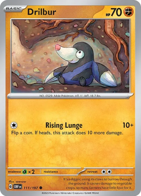 Drilbur #111/197 Reverse Holofoil Pokémon card from Obsidian Flames