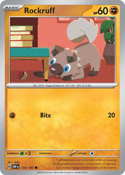 Rockruff #116/197 Pokémon card from Obsidian Flames