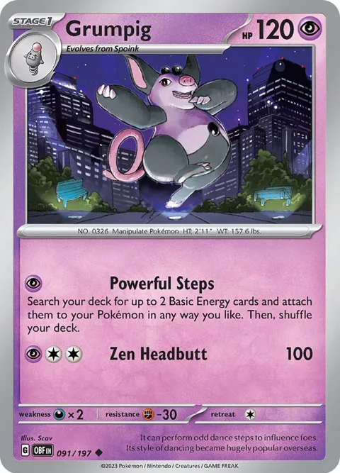 Grumpig #091/197 Reverse Holofoil Pokémon card from Obsidian Flames