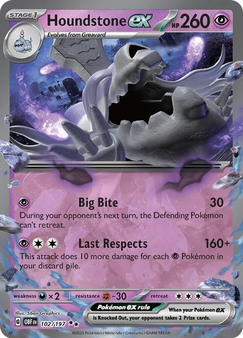 Houndstone ex #102/197 Holofoil Pokémon card from Obsidian Flames