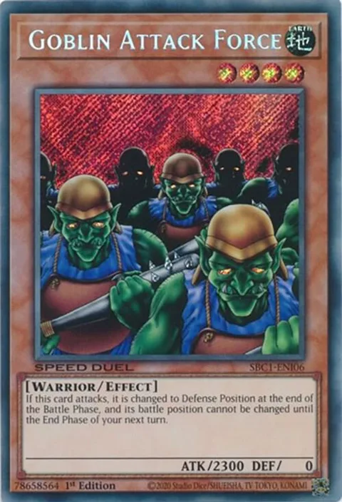 Goblin Attack Force Secret Rare SBC1-ENI06 Yu-Gi-Oh card from Speed Duel: Streets of Battle City