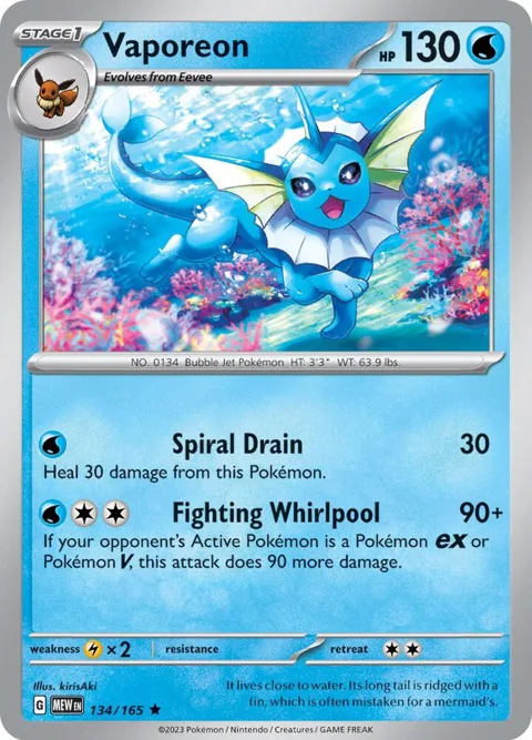 Vaporeon #134/165 Reverse Holofoil Pokémon card from Scarlet & Violet 151