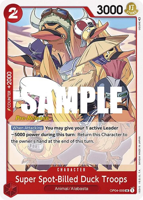 Super Spot-Billed Duck Troops OP04-009 Pre-Release One Piece card from Kingdoms of Intrigue Pre-Release Cards