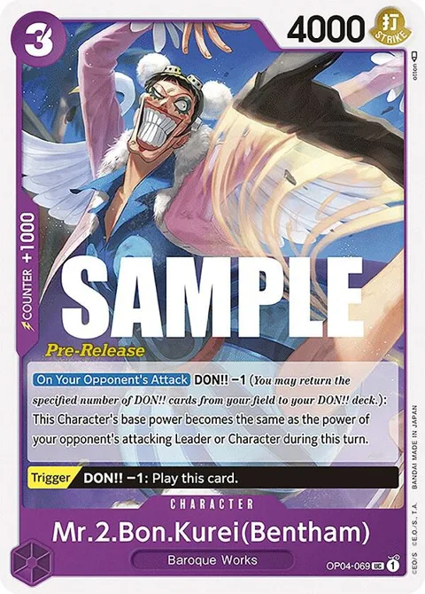 Mr.2.Bon.Kurei Bentham OP04-069 Pre-Release One Piece card from Kingdoms of Intrigue Pre-Release Cards