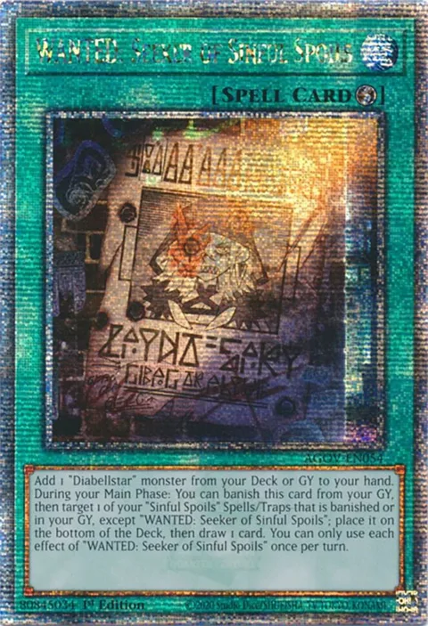 WANTED: Seeker of Sinful Spoils Quarter Century Secret Rare AGOV-EN054 Yu-Gi-Oh card from Age of Overlord