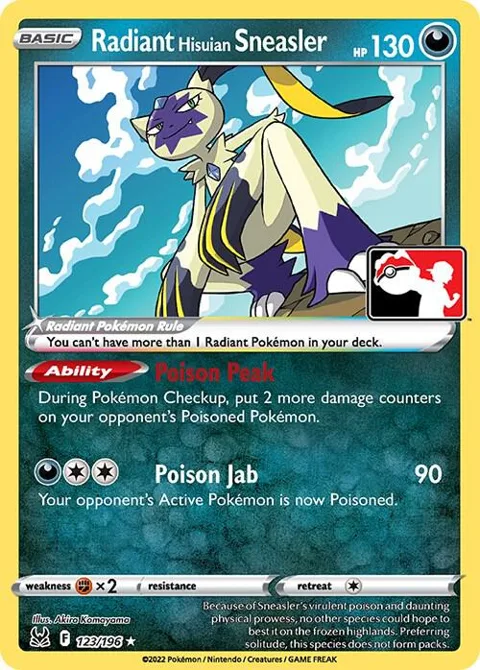 Radiant Hisuian Sneasler #123/196 Holofoil Pokémon card from Prize Pack Series Cards