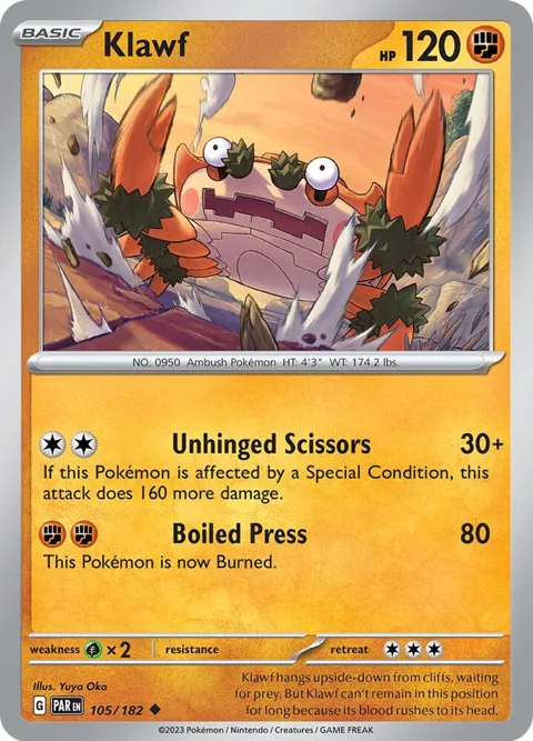 Klawf #105/182 Reverse Holofoil Pokémon card from Paradox Rift