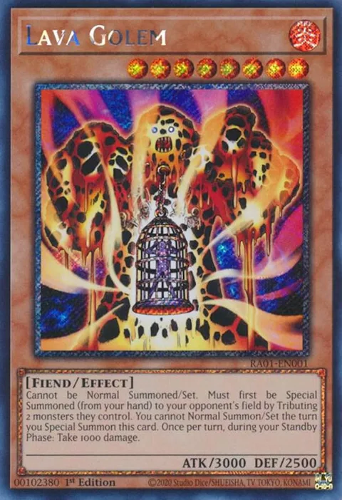 Lava Golem Platinum Secret Rare RA01-EN001 Yu-Gi-Oh card from 25th Anniversary Rarity Collection