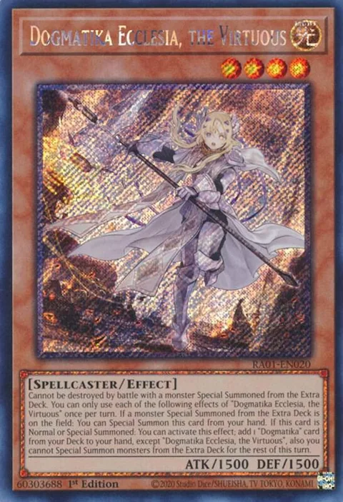Dogmatika Ecclesia, the Virtuous Platinum Secret Rare RA01-EN020 Yu-Gi-Oh card from 25th Anniversary Rarity Collection
