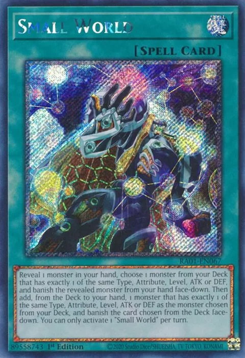 Small World Platinum Secret Rare RA01-EN067 Yu-Gi-Oh card from 25th Anniversary Rarity Collection