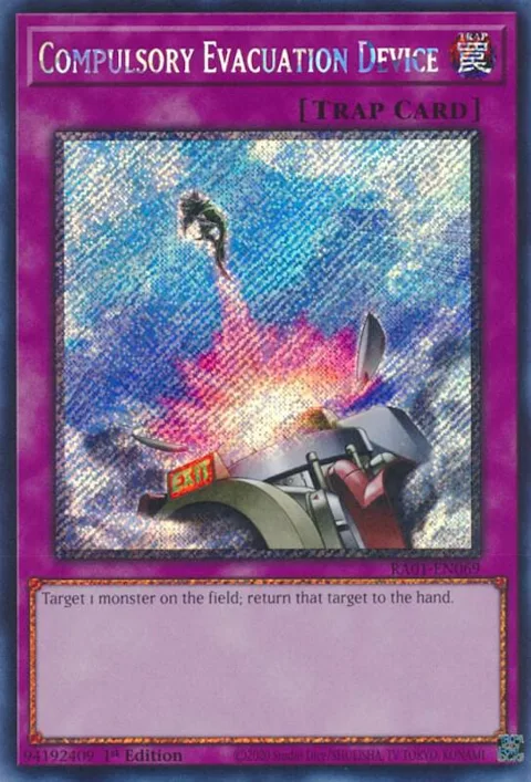 Compulsory Evacuation Device Platinum Secret Rare RA01-EN069 Yu-Gi-Oh card from 25th Anniversary Rarity Collection
