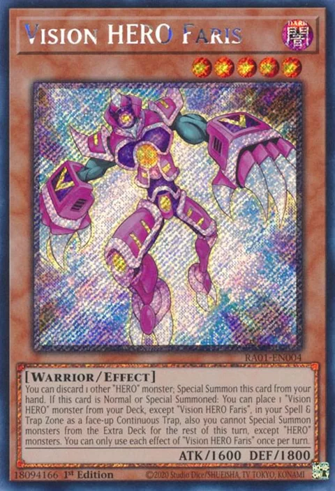 Vision HERO Faris Platinum Secret Rare RA01-EN004 Yu-Gi-Oh card from 25th Anniversary Rarity Collection