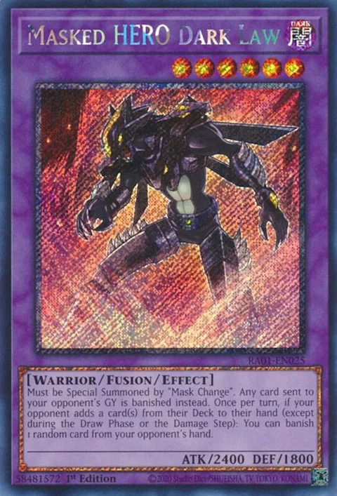 Masked HERO Dark Law Platinum Secret Rare RA01-EN025 Yu-Gi-Oh card from 25th Anniversary Rarity Collection