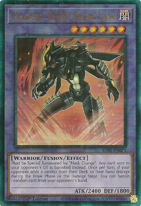 Masked HERO Dark Law Prismatic Ultimate Rare RA01-EN025 Yu-Gi-Oh card from 25th Anniversary Rarity Collection