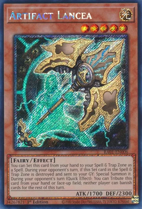 Artifact Lancea Platinum Secret Rare RA01-EN006 Yu-Gi-Oh card from 25th Anniversary Rarity Collection