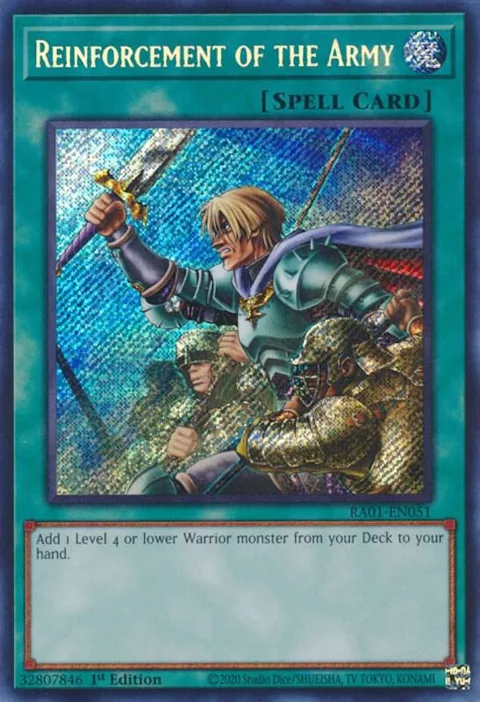 Reinforcement of the Army Secret Rare RA01-EN051 Yu-Gi-Oh card from 25th Anniversary Rarity Collection